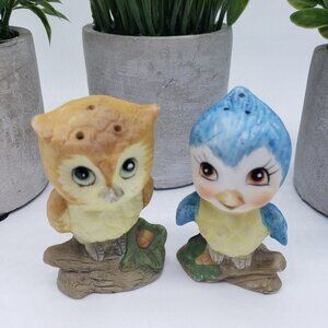 Brown Owl and Blue Bird Ceramic Bisque Salt & Pepper Shaker Set